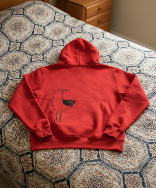 Red hoodie with a black design on a patterned bedspread