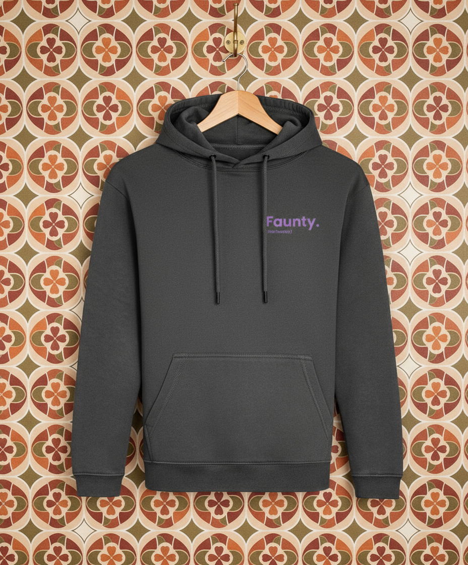Dark grey hoodie with 'Faunty' logo on a hanger against a patterned wall.
