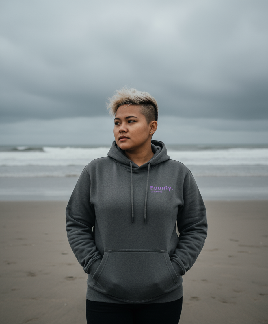 Person wearing a grey hoodie with a brand logo on a beach