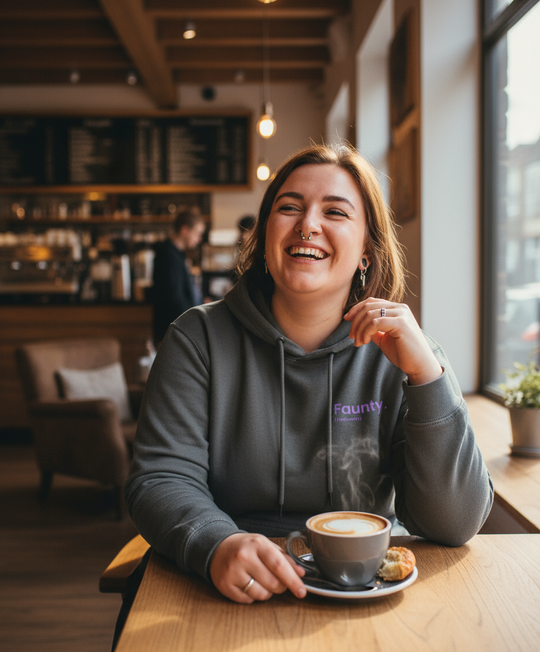 Person sitting at a cafe table with a steaming cup of coffee, wearing a hoodie with visible branding.