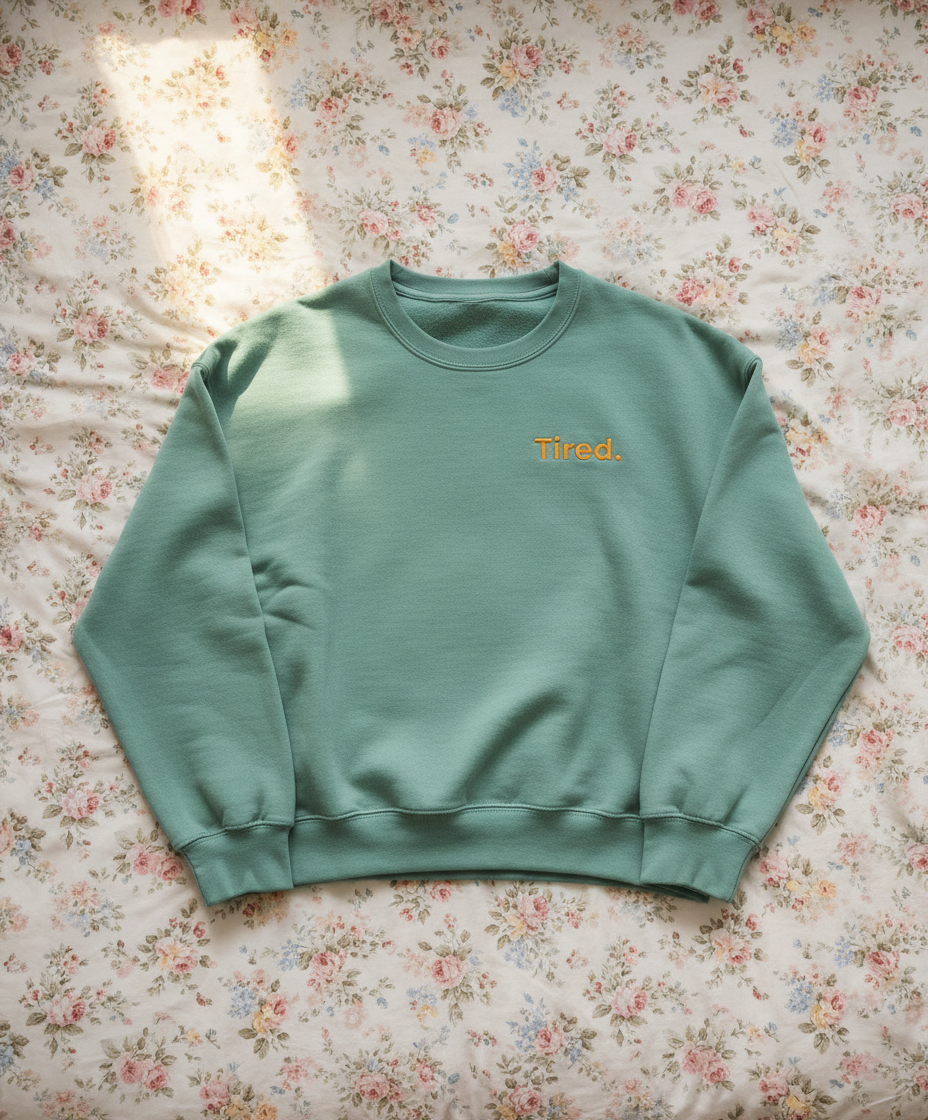 Green sweatshirt with 'Tired' on a floral background