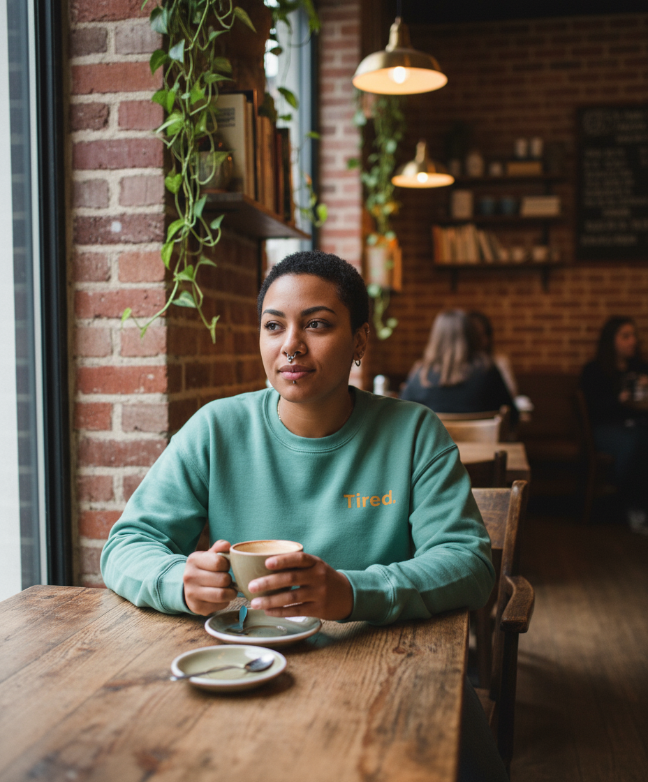 Woman sitting at a table in a cozy cafe holding a cup.