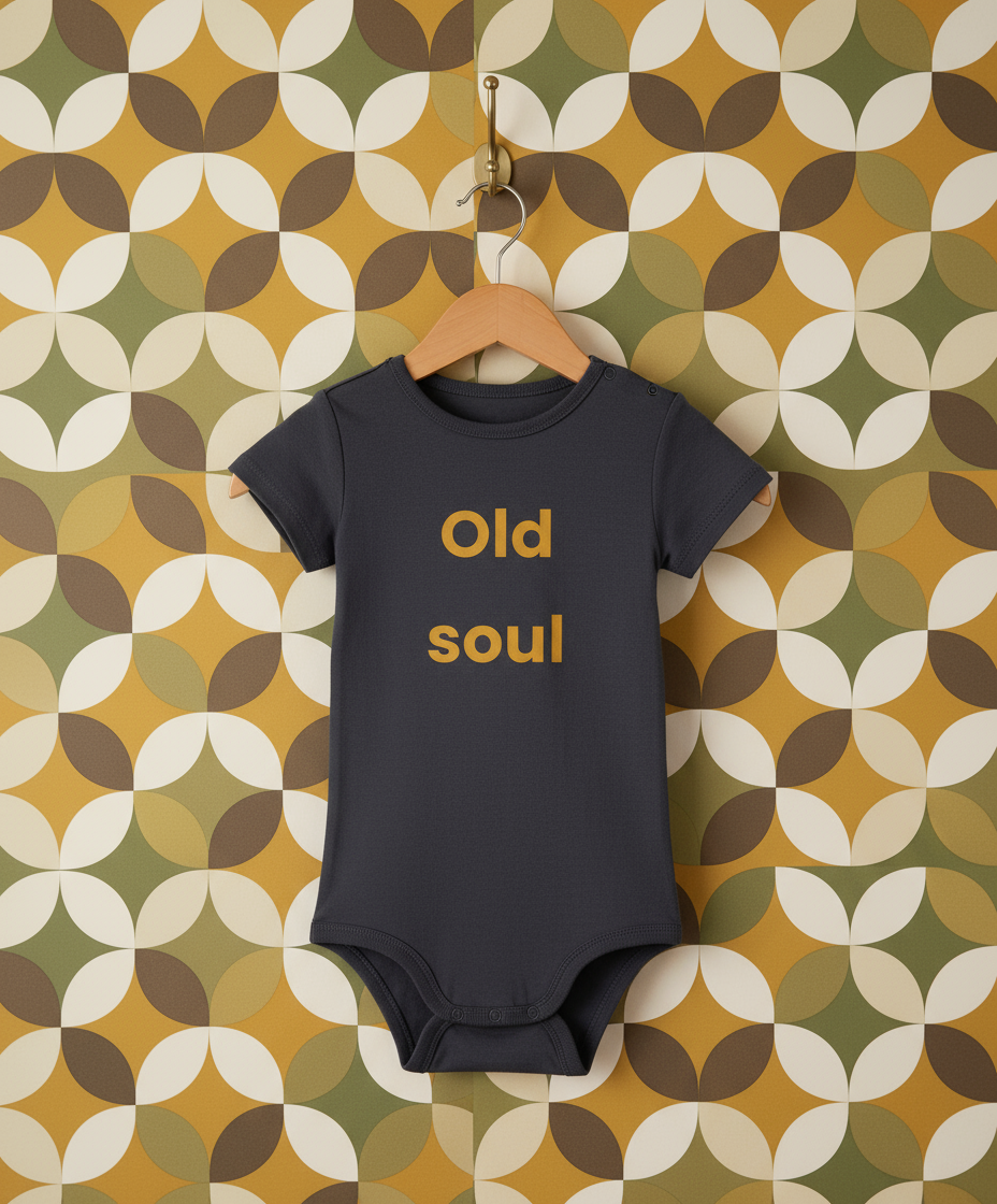 Navy baby onesie with 'Old soul' text in gold on a white background
