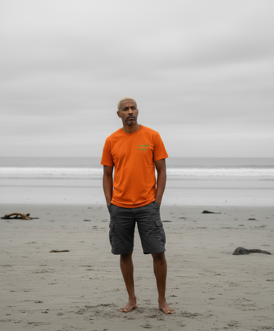 Man wearing an orange shirt and gray shorts standing on a beach with a cloudy sky.