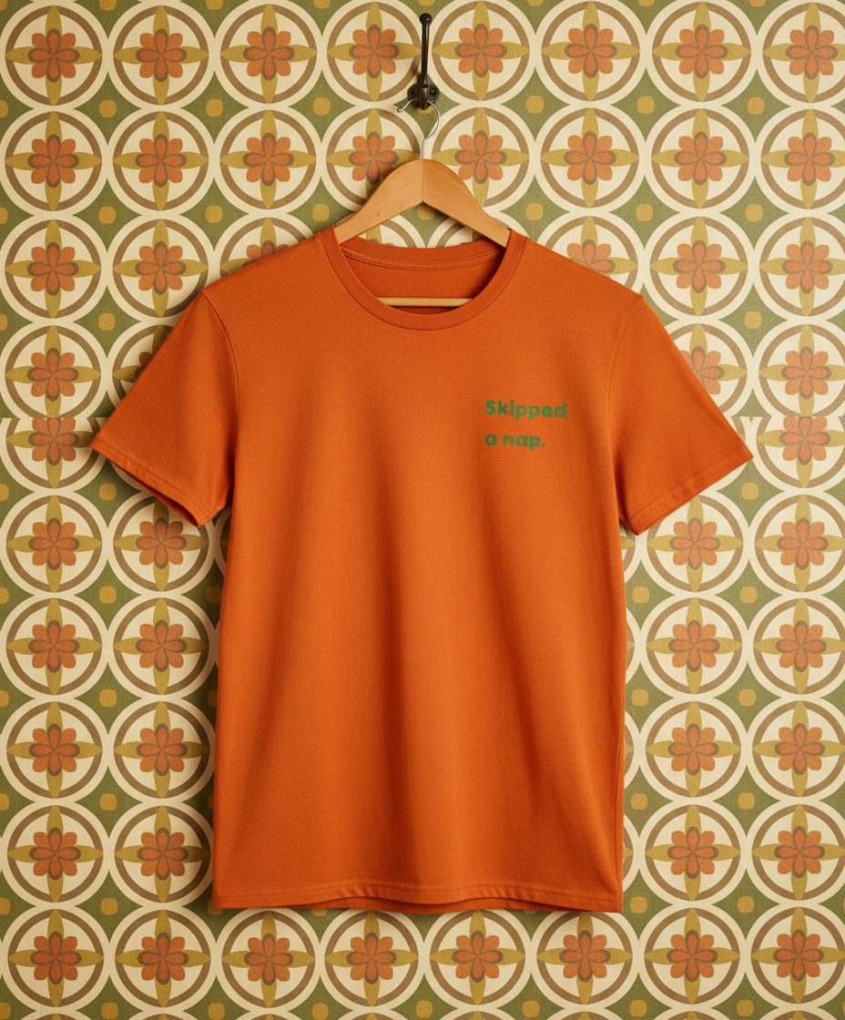 Orange t-shirt with text on a hanger against a patterned wall.