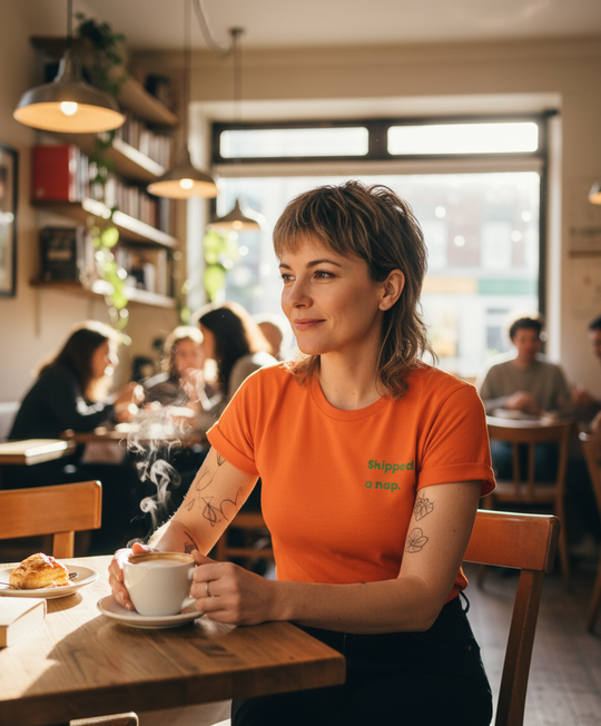 Woman in an orange shirt sitting at a table in a cafe, holding a steaming cup of coffee.