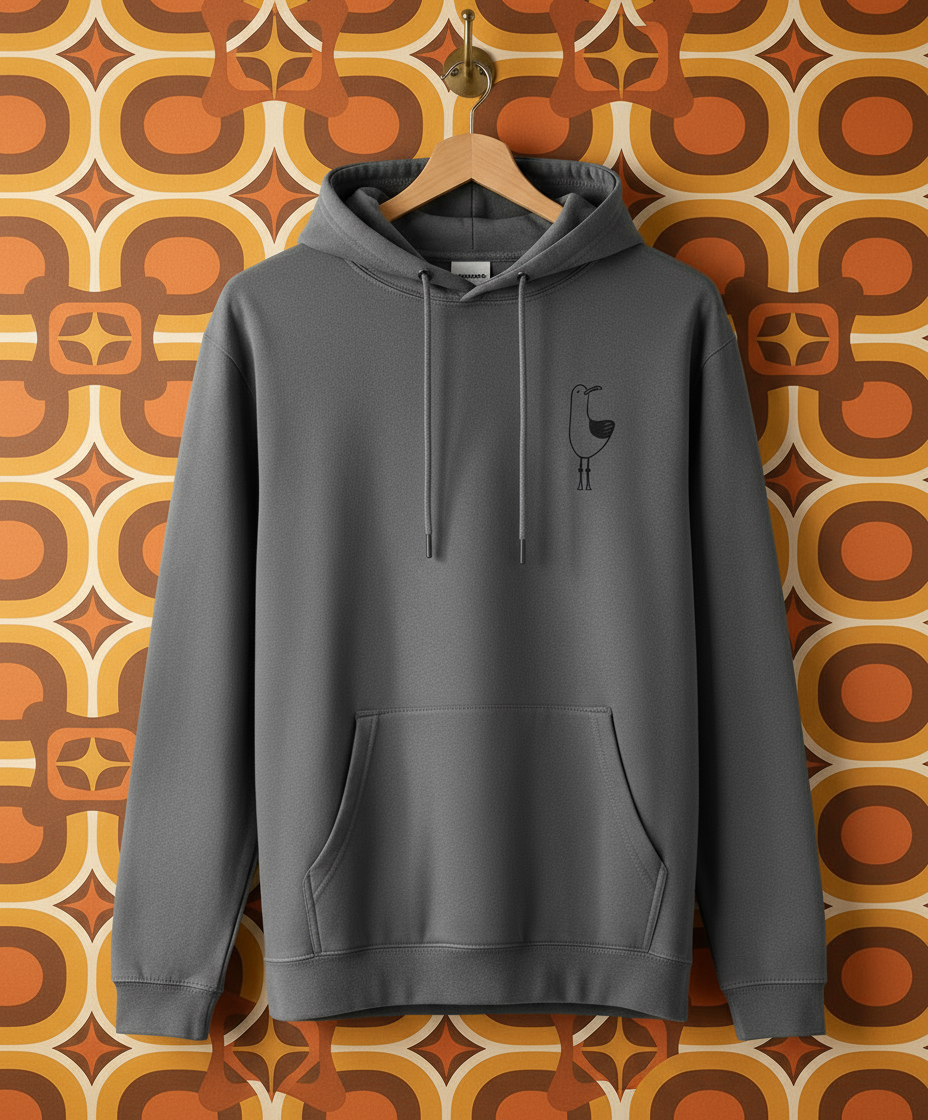 Gray hoodie with a small logo on a hanger against a white background