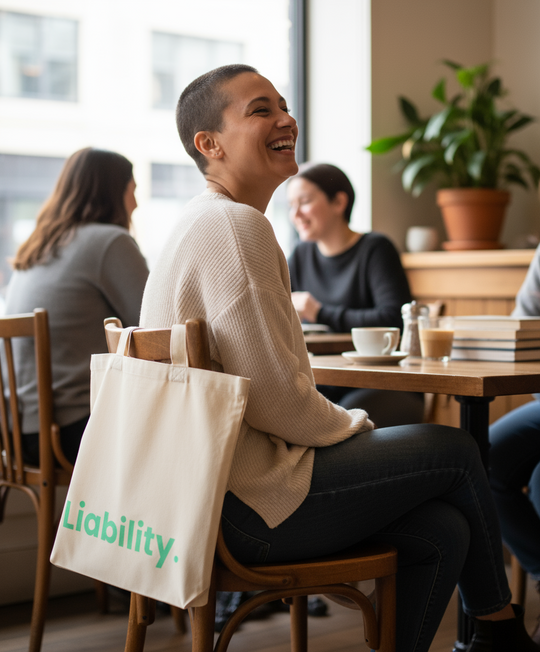 Person sitting at a cafe with a 'Liability.' tote bag on the chair