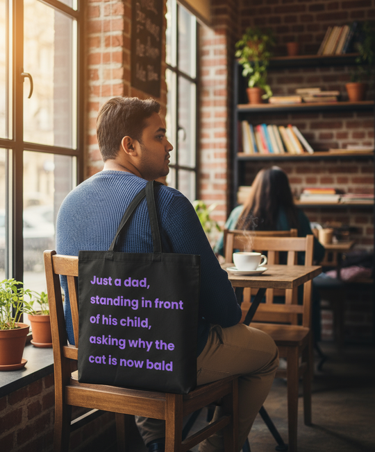 Man sitting in a cafe with a black tote bag featuring humorous text.