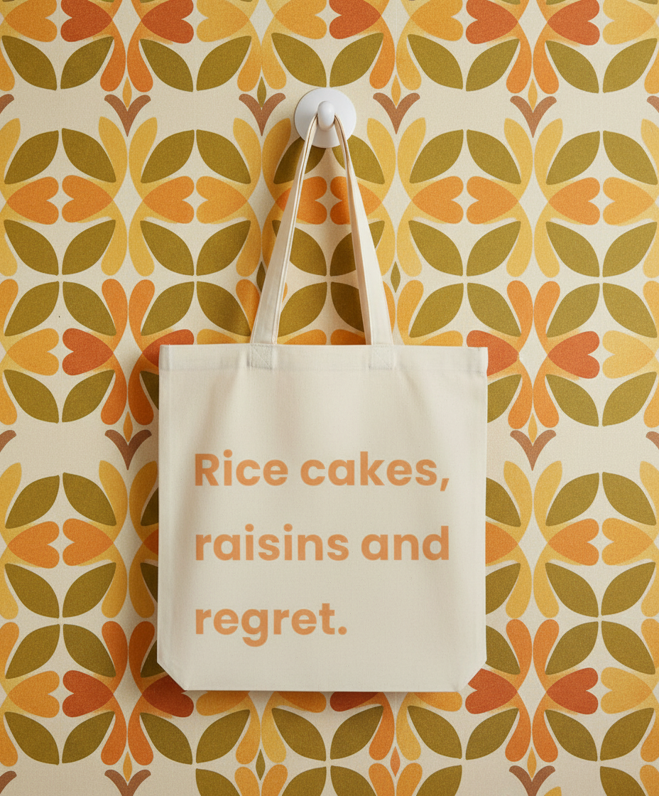 Beige tote bag with text 'Rice cakes, raisins and regret' on a patterned wall.