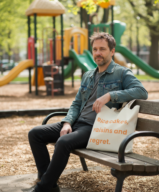 Man sitting on a bench with a tote bag in a park