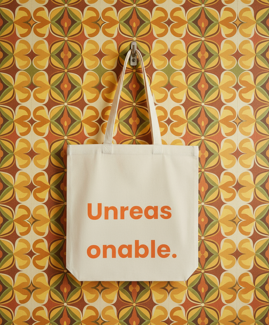 Tote bag with 'Unreasonable' text on a patterned wall