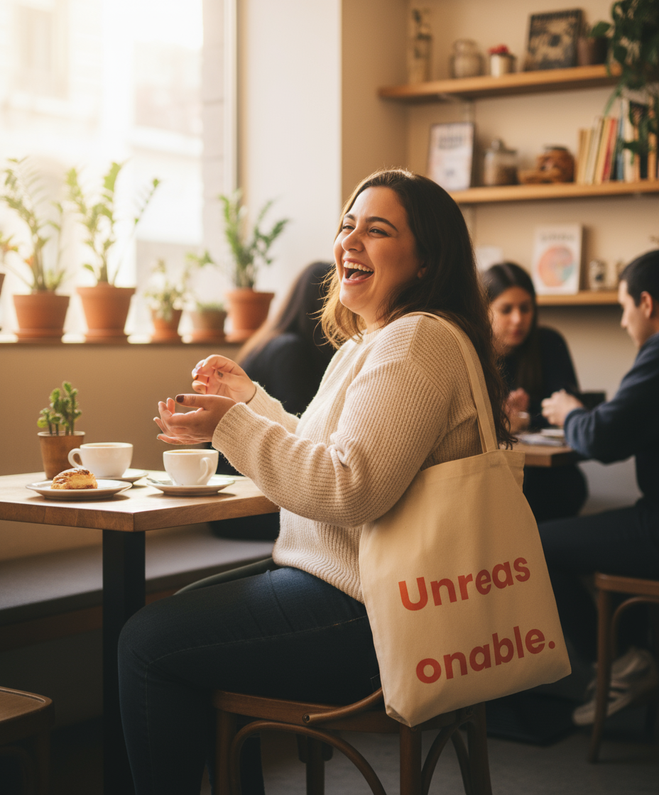Woman sitting at a cafe table with a 'Unreasonable' tote bag, smiling.