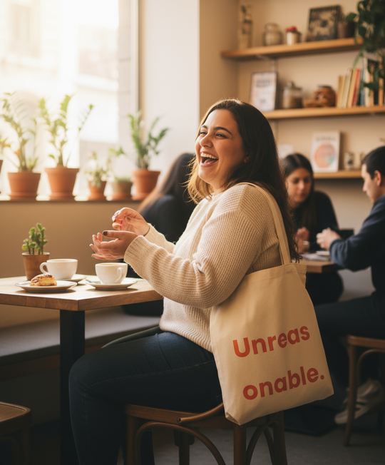 Woman sitting at a cafe table with a 'Unreasonable' tote bag, smiling.