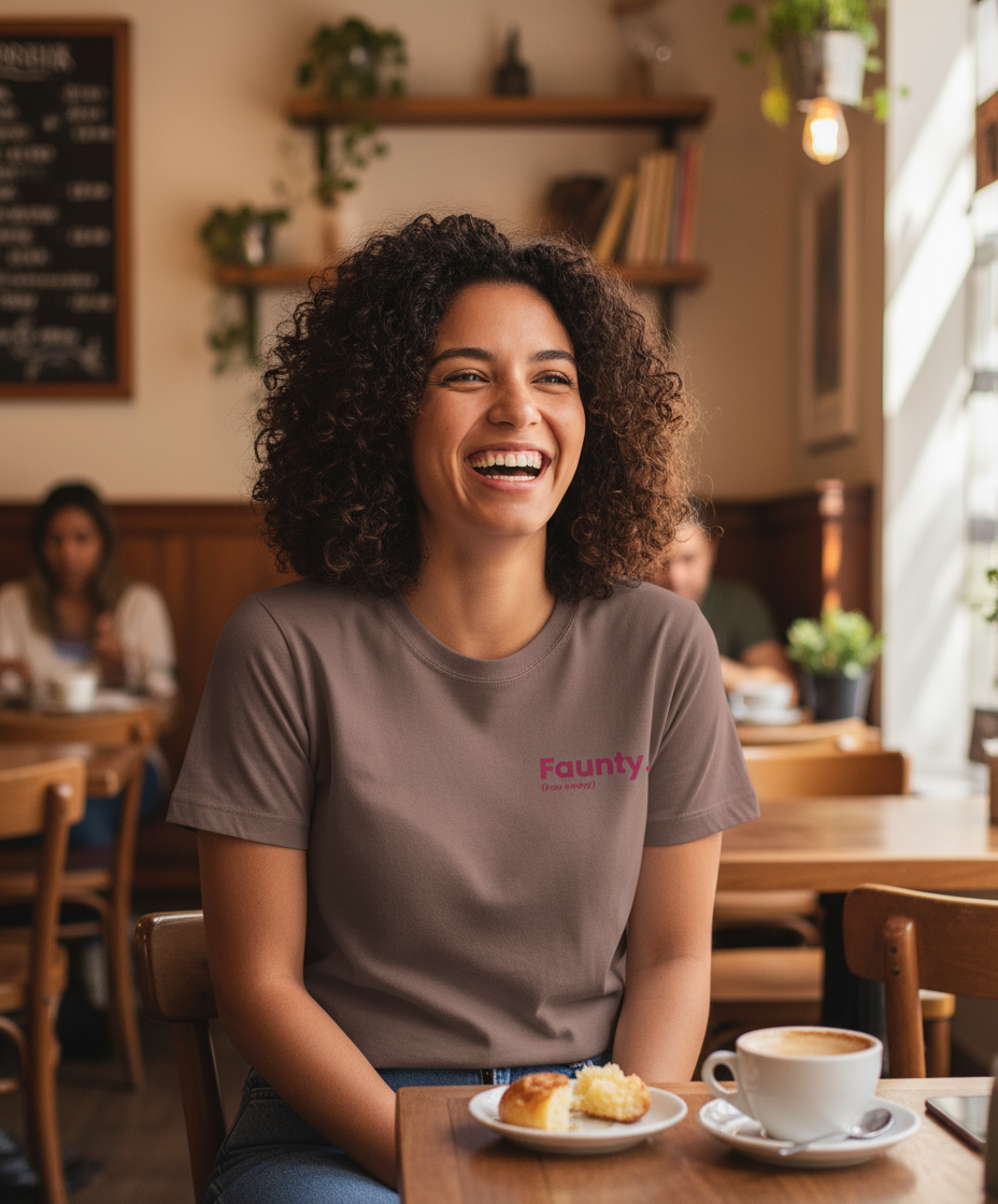 Woman sitting at a table in a café wearing a 'Faunty' shirt, smiling.