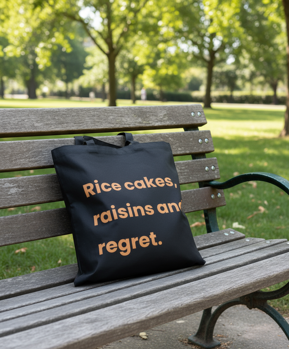 Black tote bag with text on a wooden bench in a park
