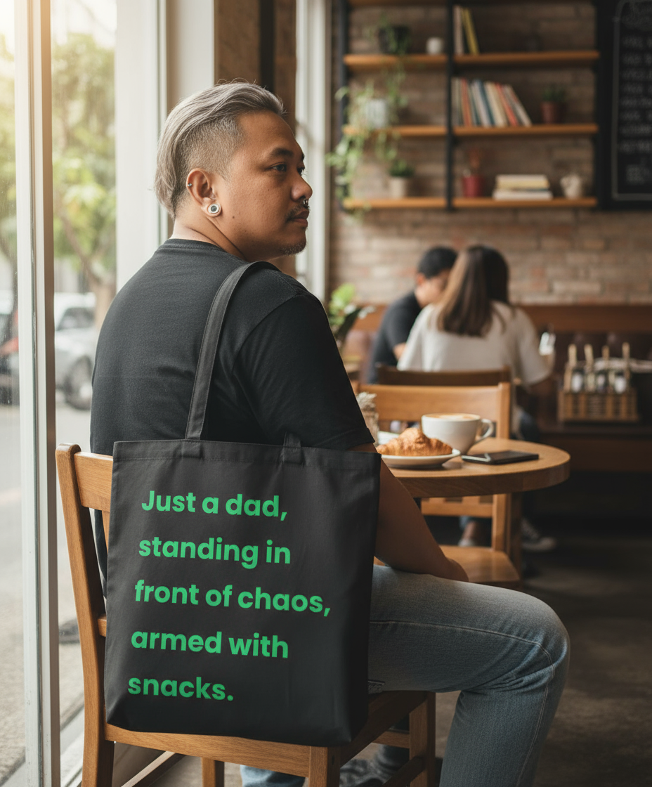 Man sitting in a cafe with a tote bag displaying text, surrounded by other patrons.
