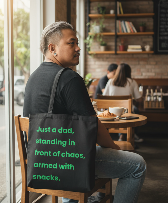 Man sitting in a cafe with a tote bag displaying text, surrounded by other patrons.