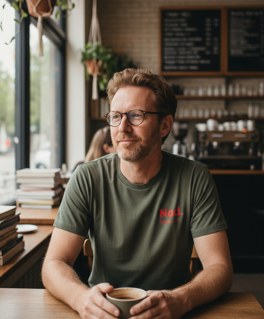 Man sitting at a table in a cafe holding a coffee cup