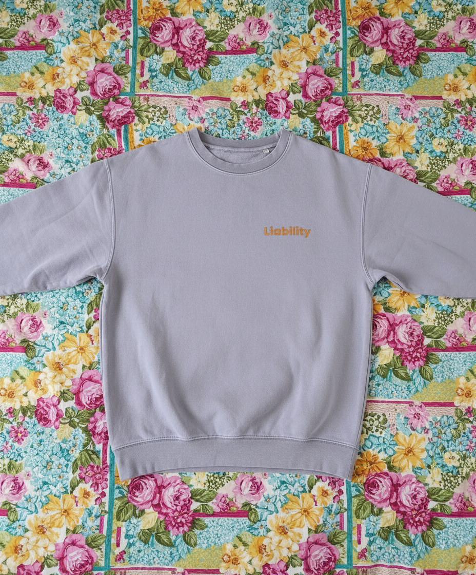 Light purple sweatshirt with 'Liability' text on a floral patterned background