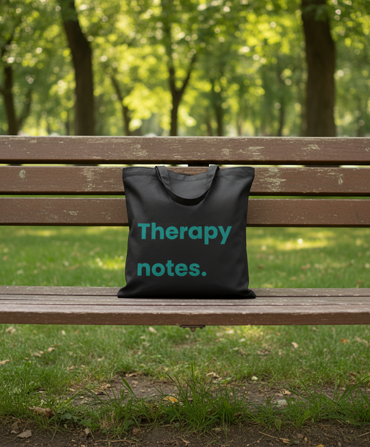 Black tote bag on a bench in a park