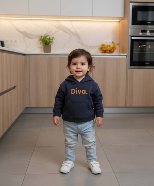Child wearing a hoodie with 'Diva' text in a modern kitchen