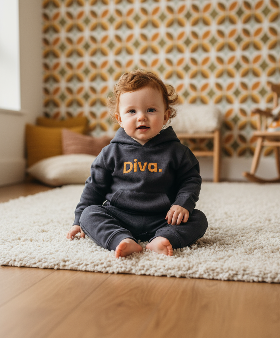 Baby wearing a navy hoodie with 'Diva' text, sitting on a rug in a room with patterned wallpaper.