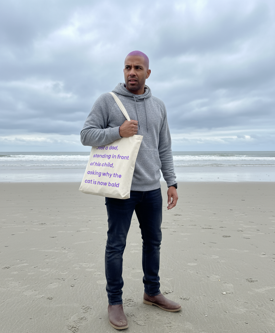 Man holding a tote bag with text on a beach