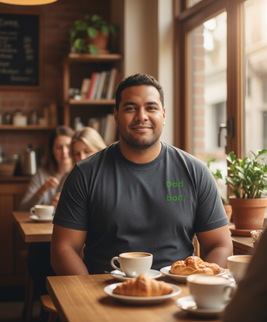 Man sitting at a cafe table with coffee and pastries, wearing a dark t-shirt with text.