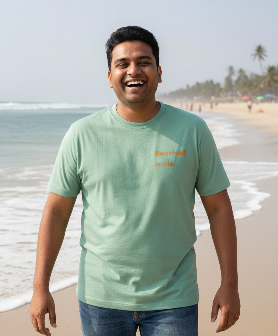 Man wearing a light green t-shirt with text on a beach