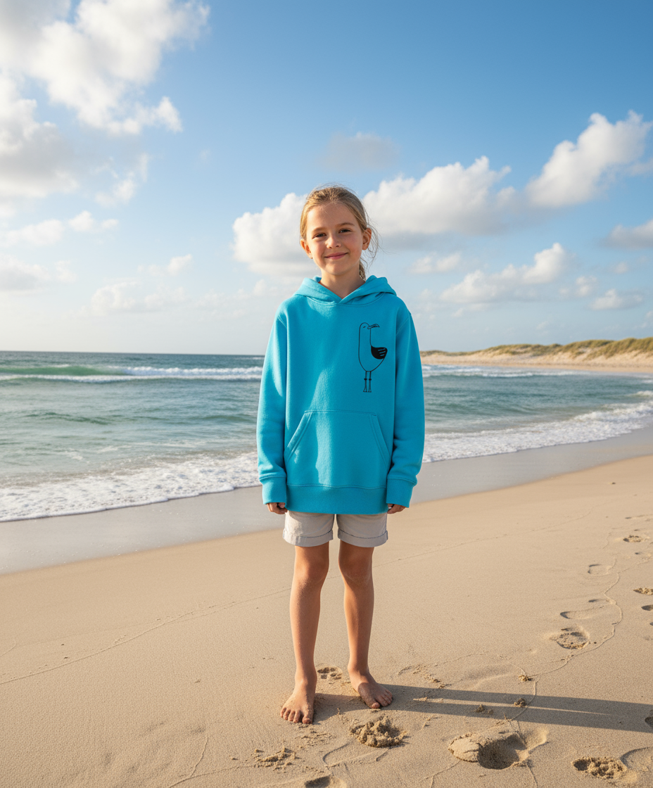 Young girl in a blue hoodie standing on a beach with ocean waves in the background