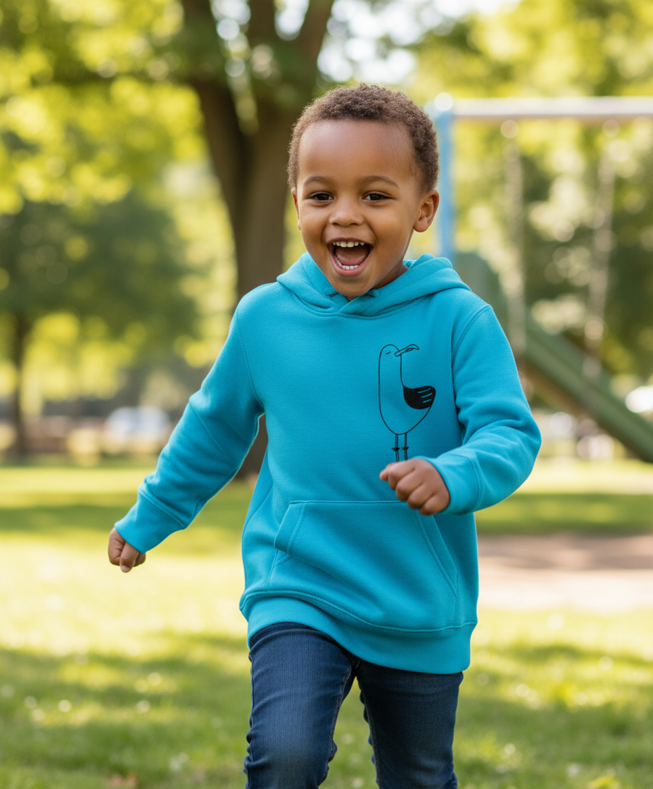 Child wearing a blue hoodie with a bird design, running in a park.