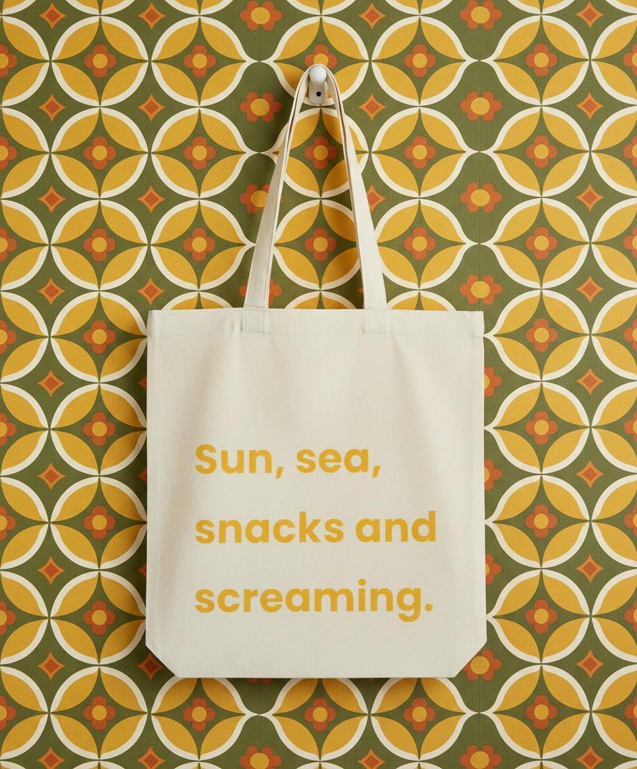 Beige tote bag with 'Sun, sea, snacks and screaming' text on a patterned wall background