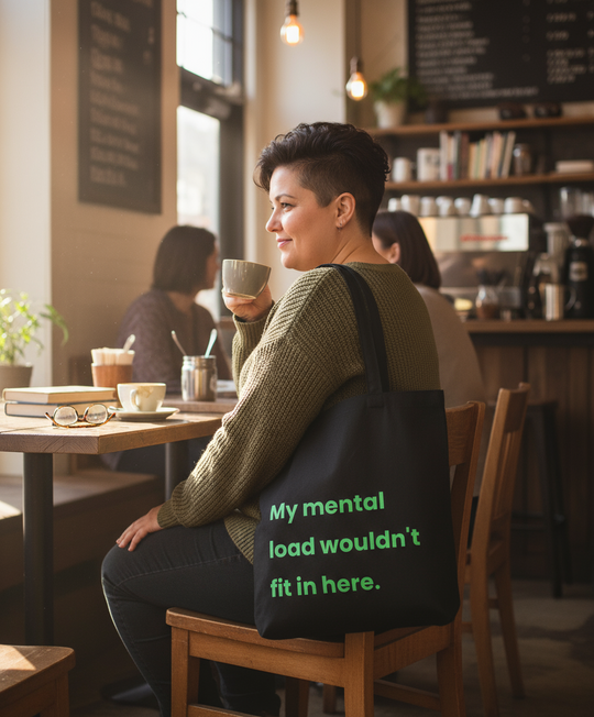 Woman sitting in a cafe holding a cup with a tote bag that says 'My mental load wouldn't fit in here.'