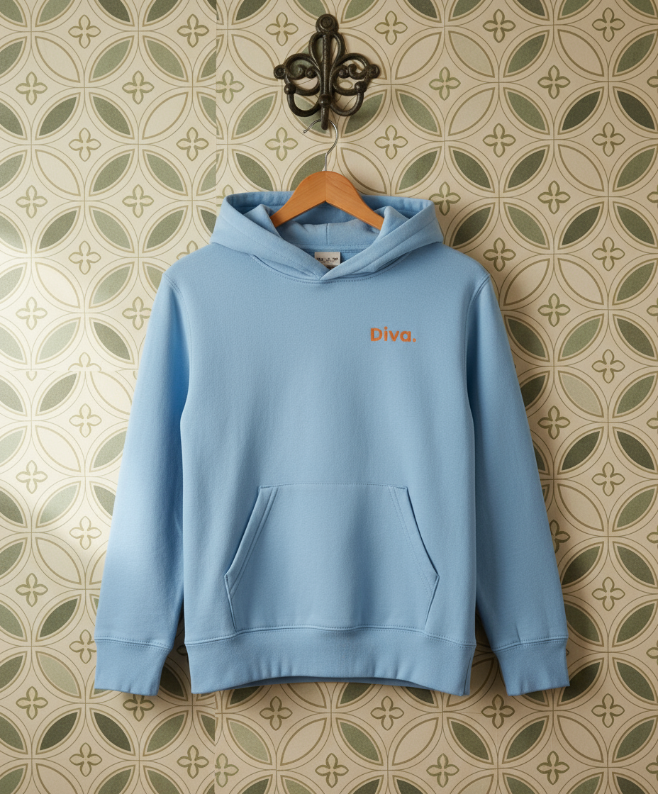 Light blue hoodie with 'Divra' logo on a hanger against a patterned wall.