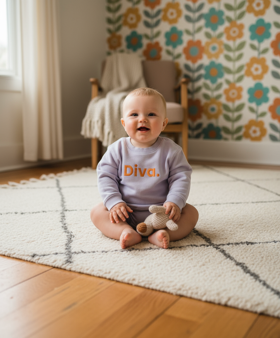 Baby sitting on a rug wearing a 'Diva' sweatshirt in a room with floral wallpaper.
