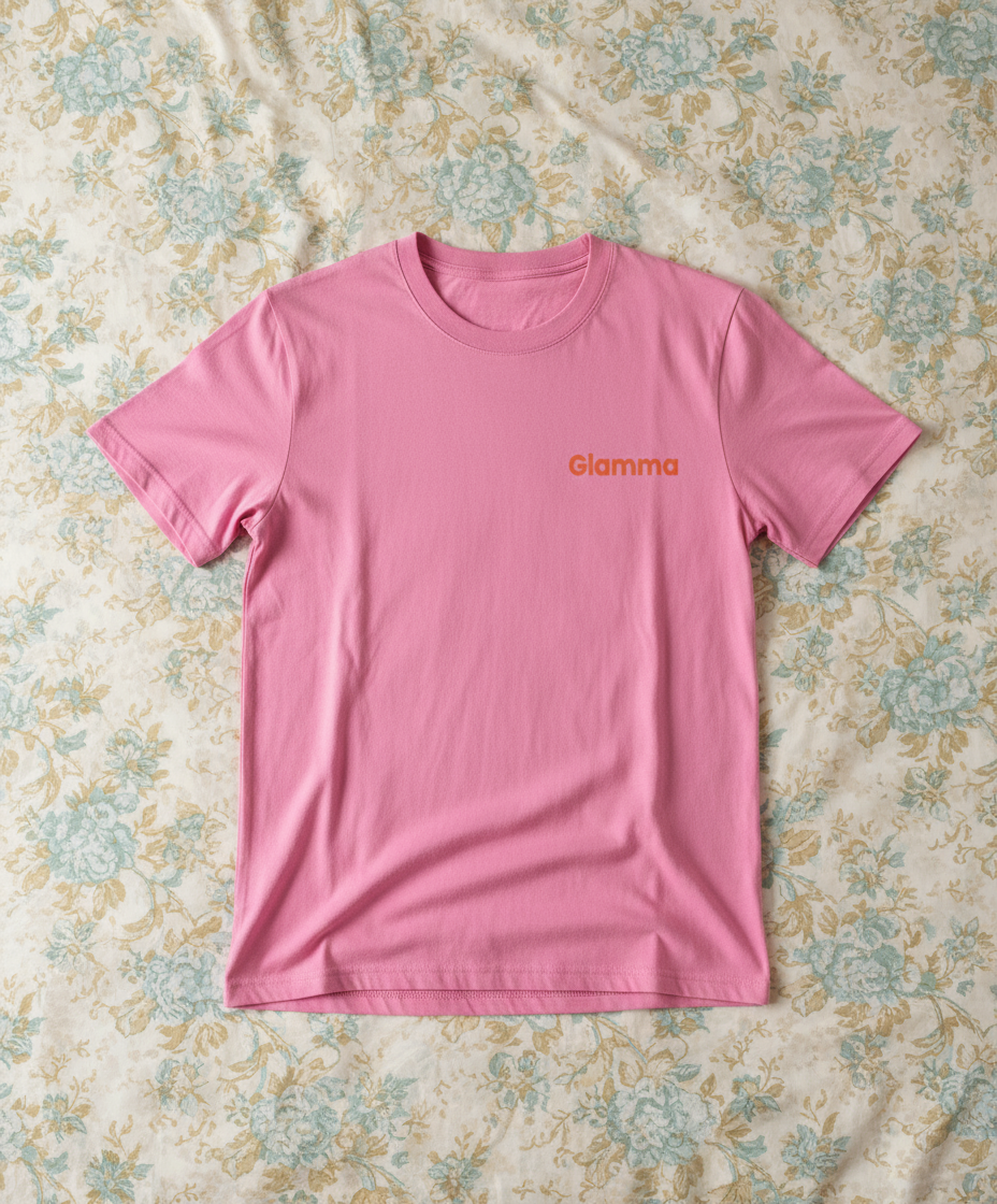 Pink t-shirt with 'Glamma' logo on a floral fabric background