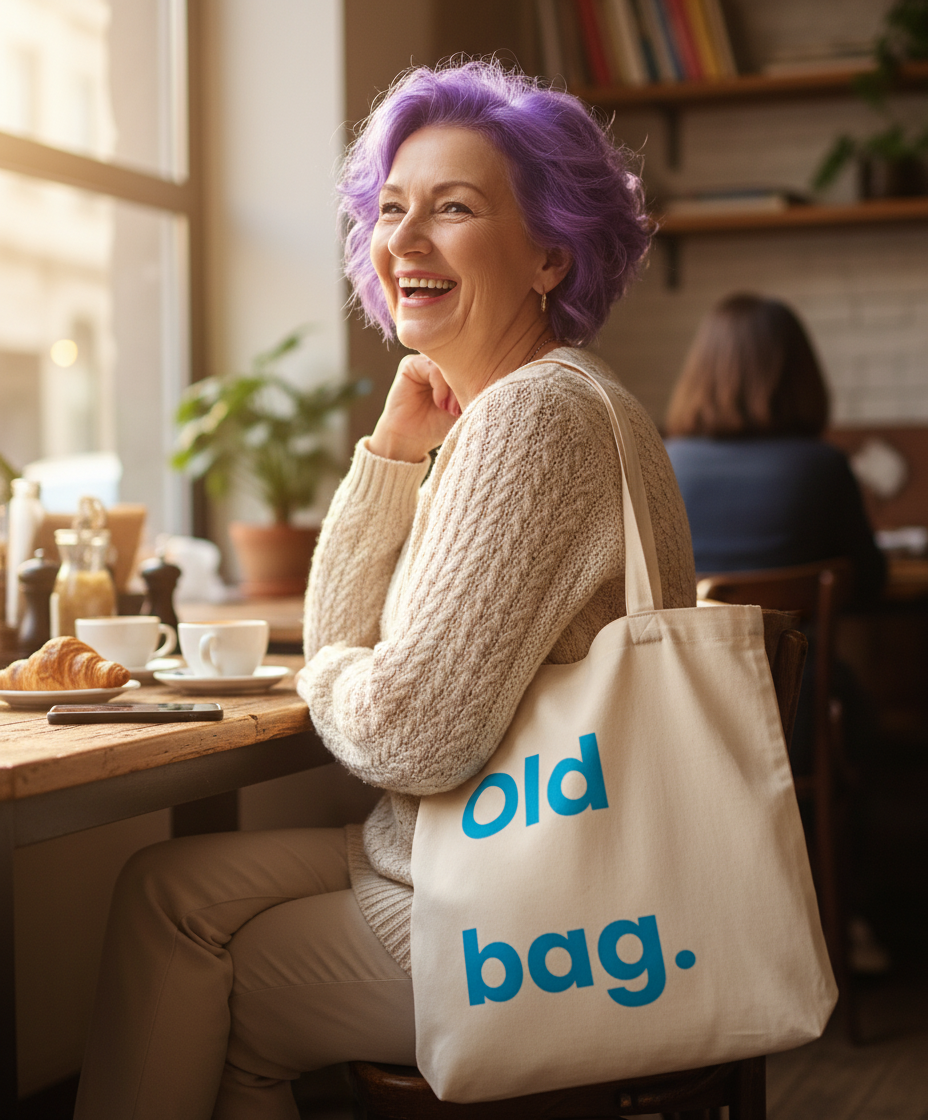 Woman with purple hair sitting at a cafe table with a tote bag labeled 'old bag'.