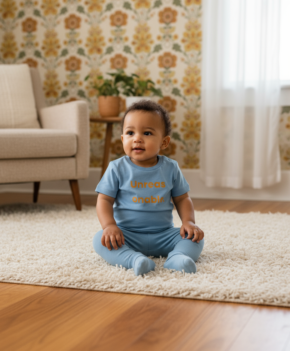Baby sitting on a rug in a room with floral wallpaper and a couch.