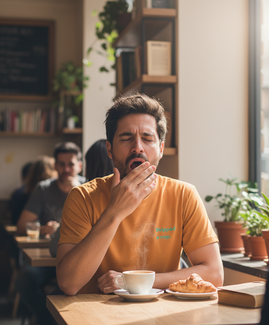 Man in a cafe yawning with a cup of coffee and croissant on a table