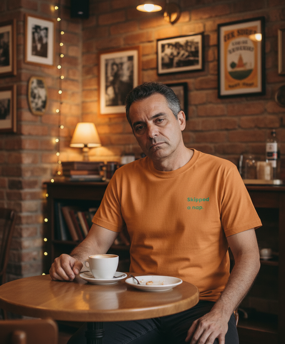 Man looking tired sitting at a table in a cosy bar with a cup of coffee