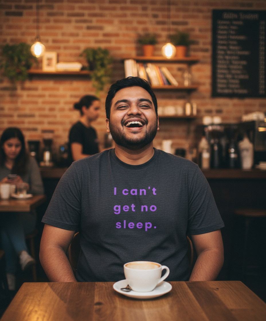 Man sitting at a table with a coffee cup, wearing a t-shirt with text, in a casual setting.