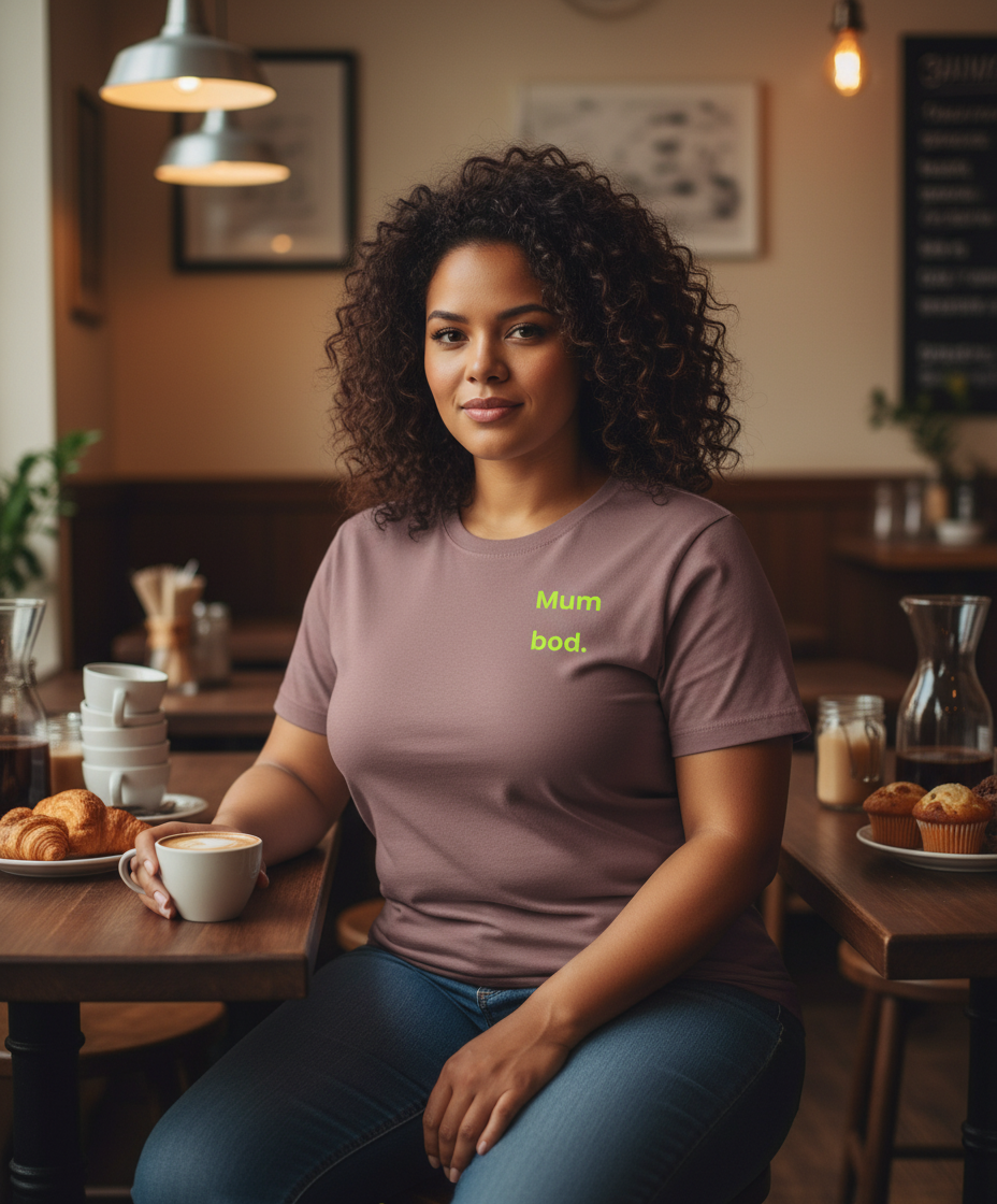 Woman sitting at a table in a café wearing a t-shirt with 'Mum bod.' text.