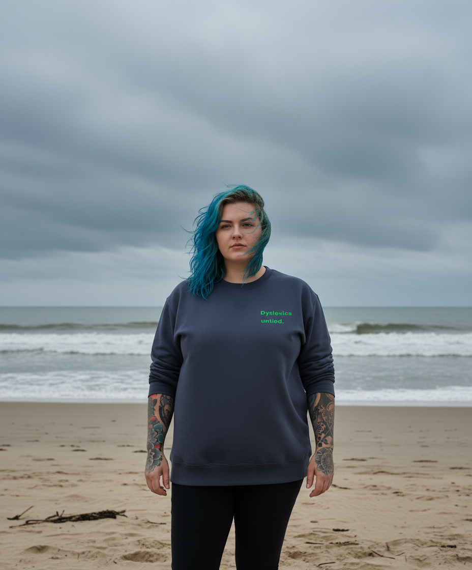 Person with blue hair standing on a beach with a dark grey sweatshirt