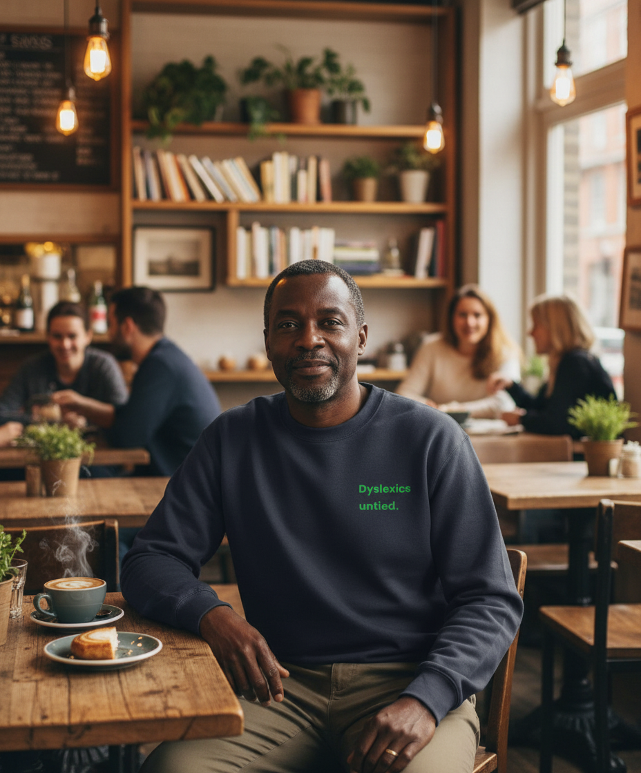 Man sitting at a table in a cosy cafe wearing a navy blue sweatshirt with text.