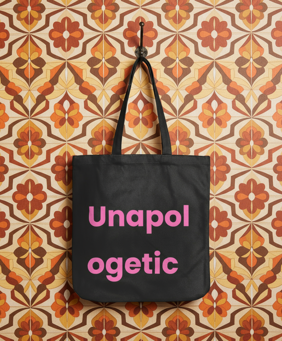 Black tote bag with pink text 'Unapol ogetic' hanging on a patterned wall.