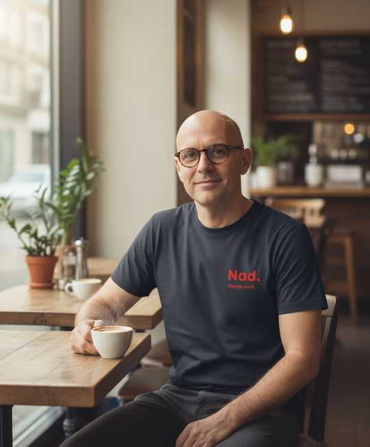 Man sitting at a cafe table with a coffee cup, wearing a black t-shirt with red text.
