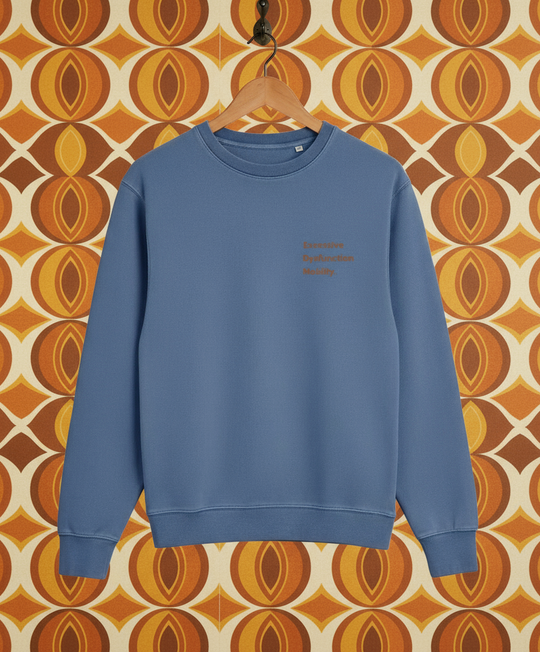 Blue sweatshirt on a hanger against a patterned wall.