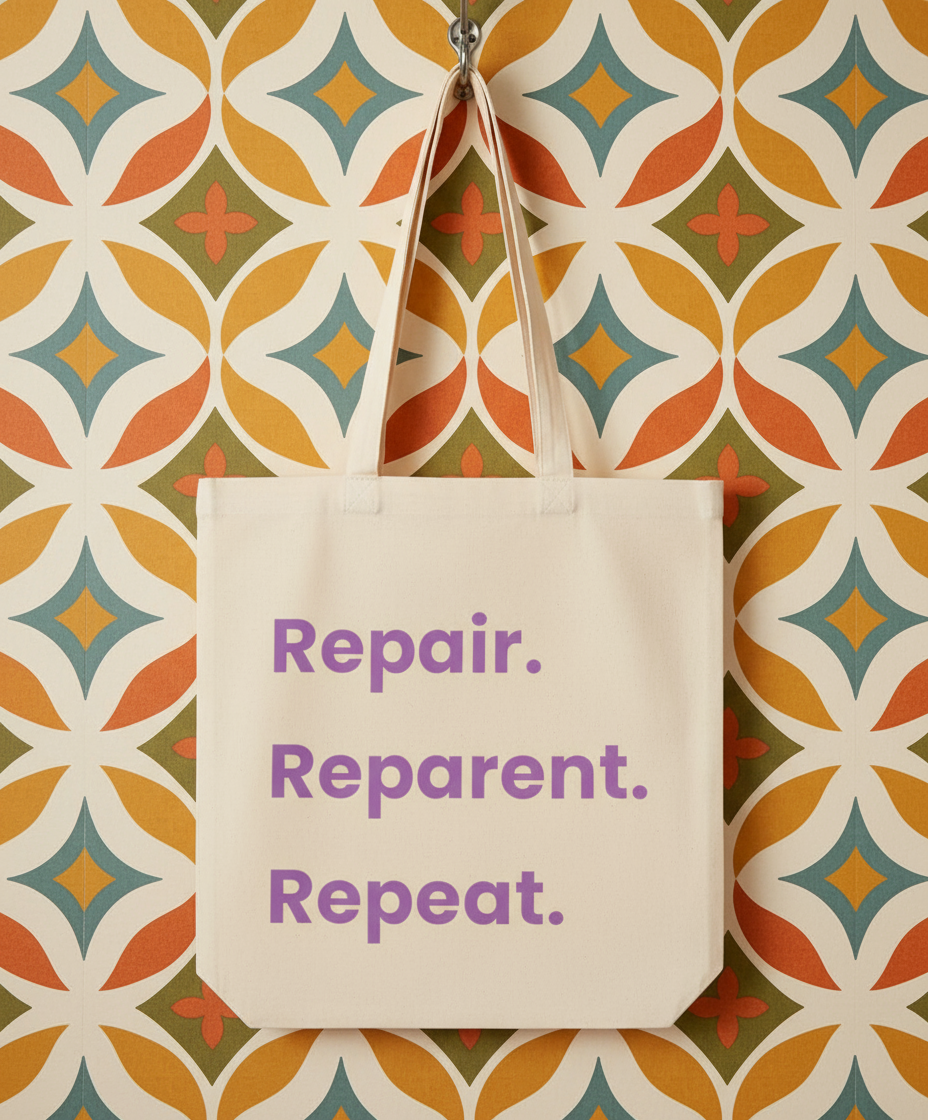 Tote bag with 'Repair. Reparent. Repeat.' text on a patterned wall background