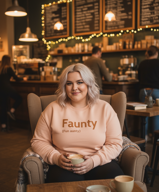 Woman in a cafe wearing a 'Faunty (Fun aunty)' sweatshirt, holding a cup.